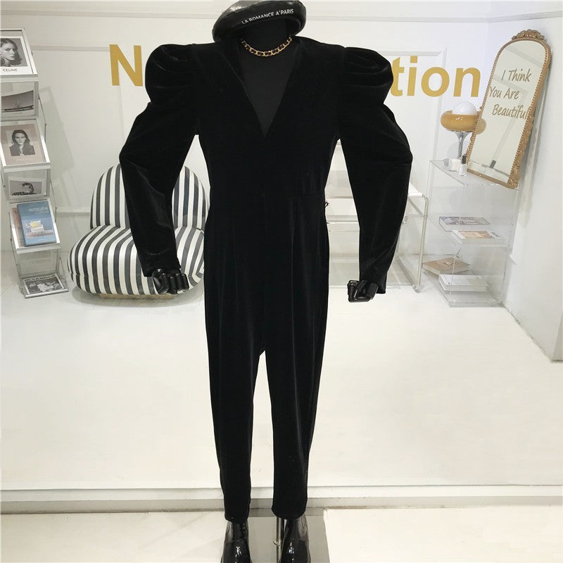 Puff sleeve velvet V-neck jumpsuit women