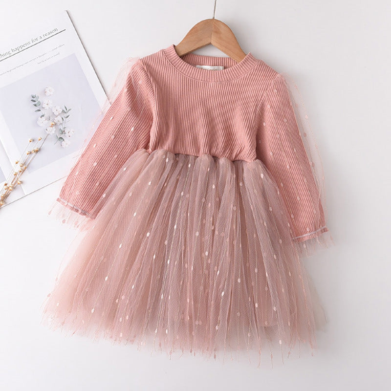 Girls Long Sleeve Dress Girls Net Gauze Skirt Western Style