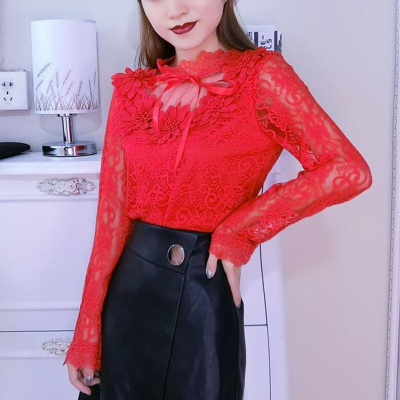 Women Shirts Lace Long Sleeve Blouse Bow Sweet Floral Hollow Lace Blouses Shirt Female Mesh Blusas Spring Women Tops X01F