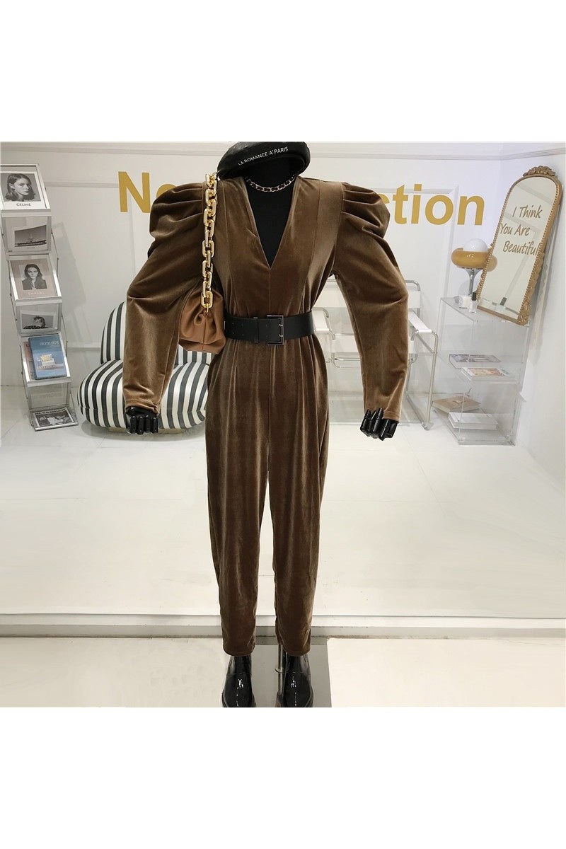Puff sleeve velvet V-neck jumpsuit women