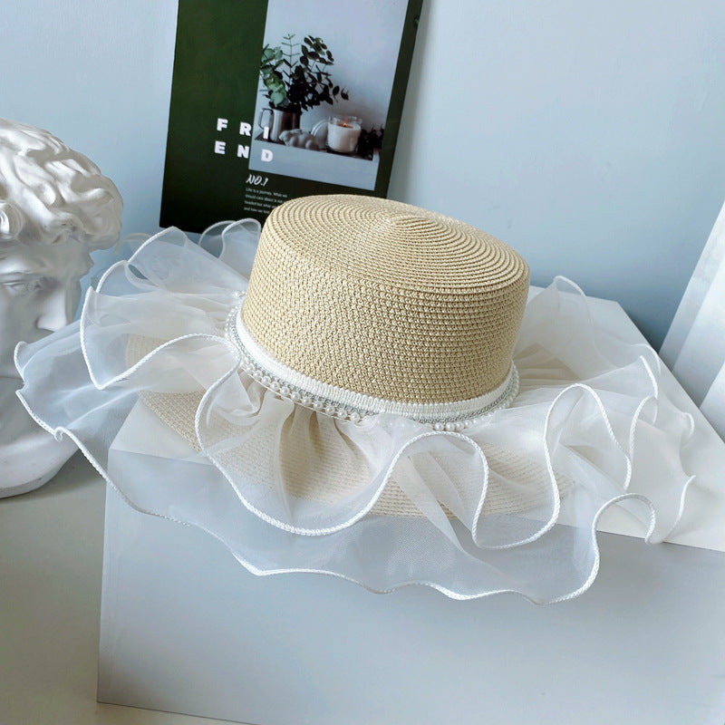 Lolita Style Flat Top Hat Women Summer Sunscreen Straw Hat