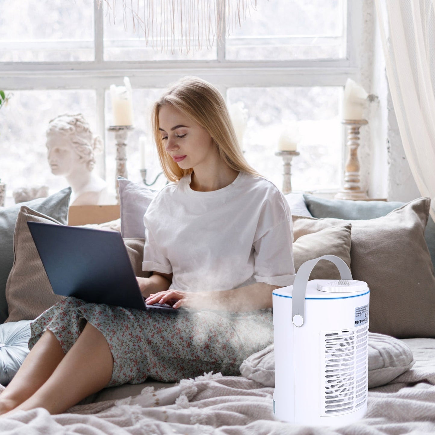 Portable Air Conditioner Fan Evaporative Humidifier 3 Speed Spray Personal Cold Mist Air Cooler Desk Table Fan Water Tank Night Light Adjustable Angel Room Home Office