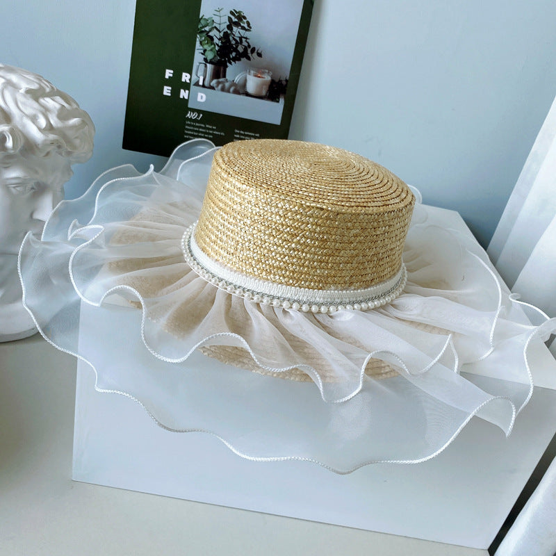 Lolita Style Flat Top Hat Women Summer Sunscreen Straw Hat