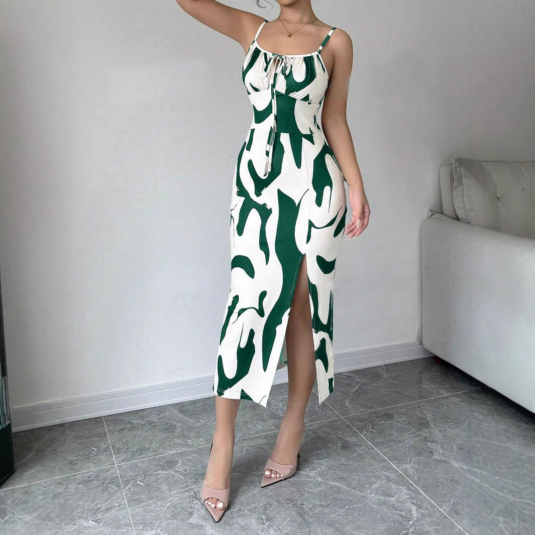 Summer Printed Suspender Split Dress