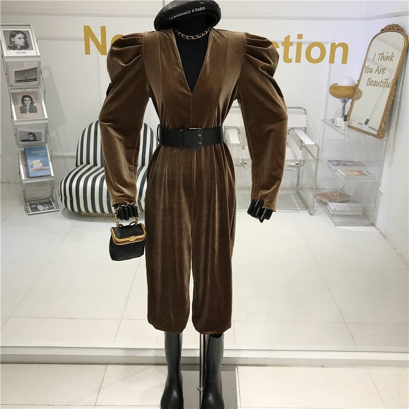 Puff sleeve velvet V-neck jumpsuit women