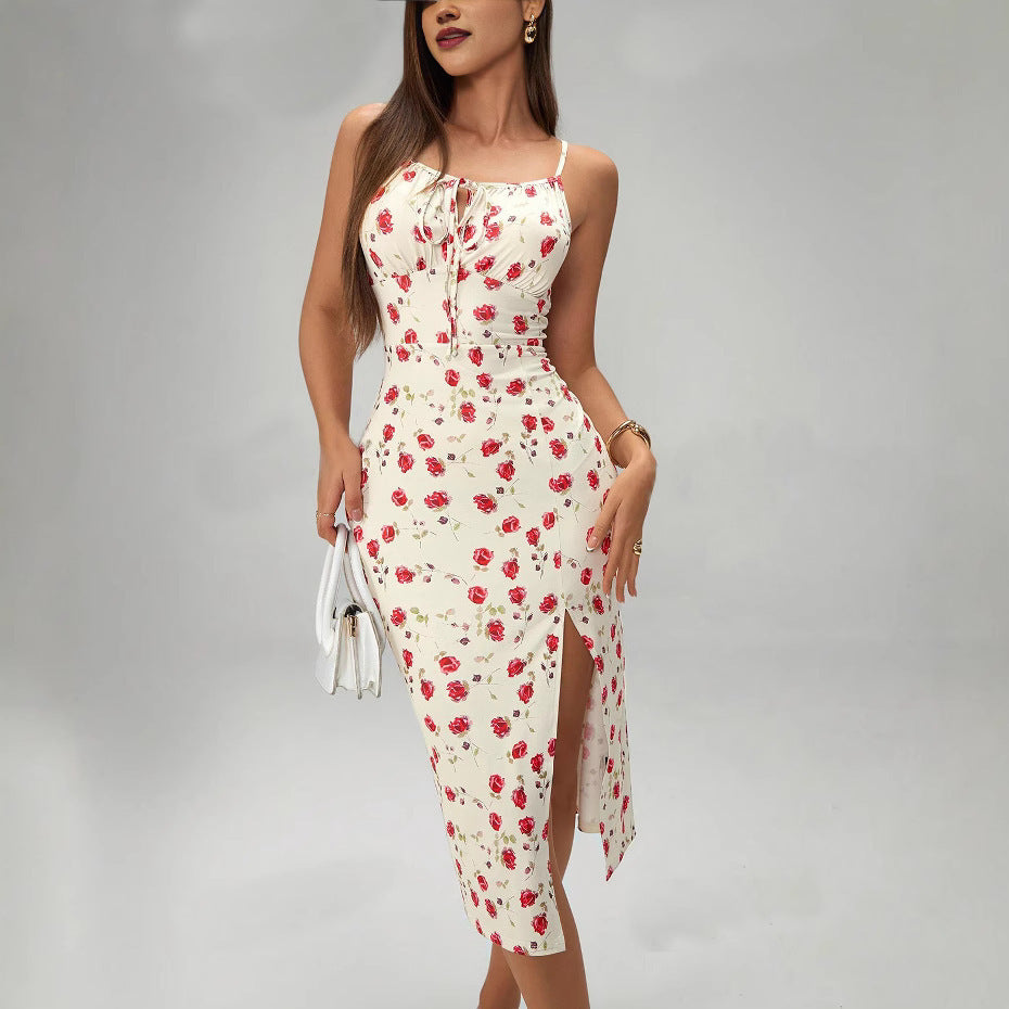 Summer Printed Suspender Split Dress