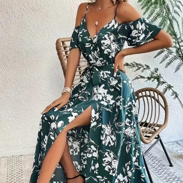 Flower Print Split Suspender Dress With Lace-up Design