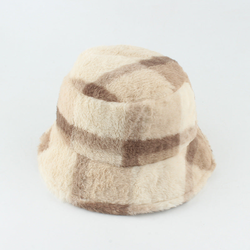 Plush Plaid Flat-top Basin Hat Flannel Warm Hat Women