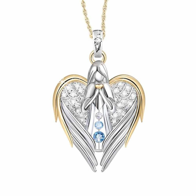 Gold Sliver Crystal Rhinestone Heart-shaped Design Angel Wings Sweater Chain Pendants Necklaces For Women Angle Girl Gift