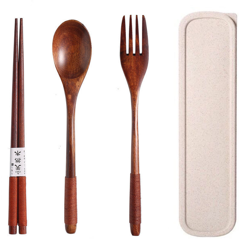 Cutlery 3PCS Fork Chopsticks Spoon Set Portable Tableware Chinese Wooden Utensils Sets Dinner Sets Long Handle Utensils With Fork Spoon Chopsticks