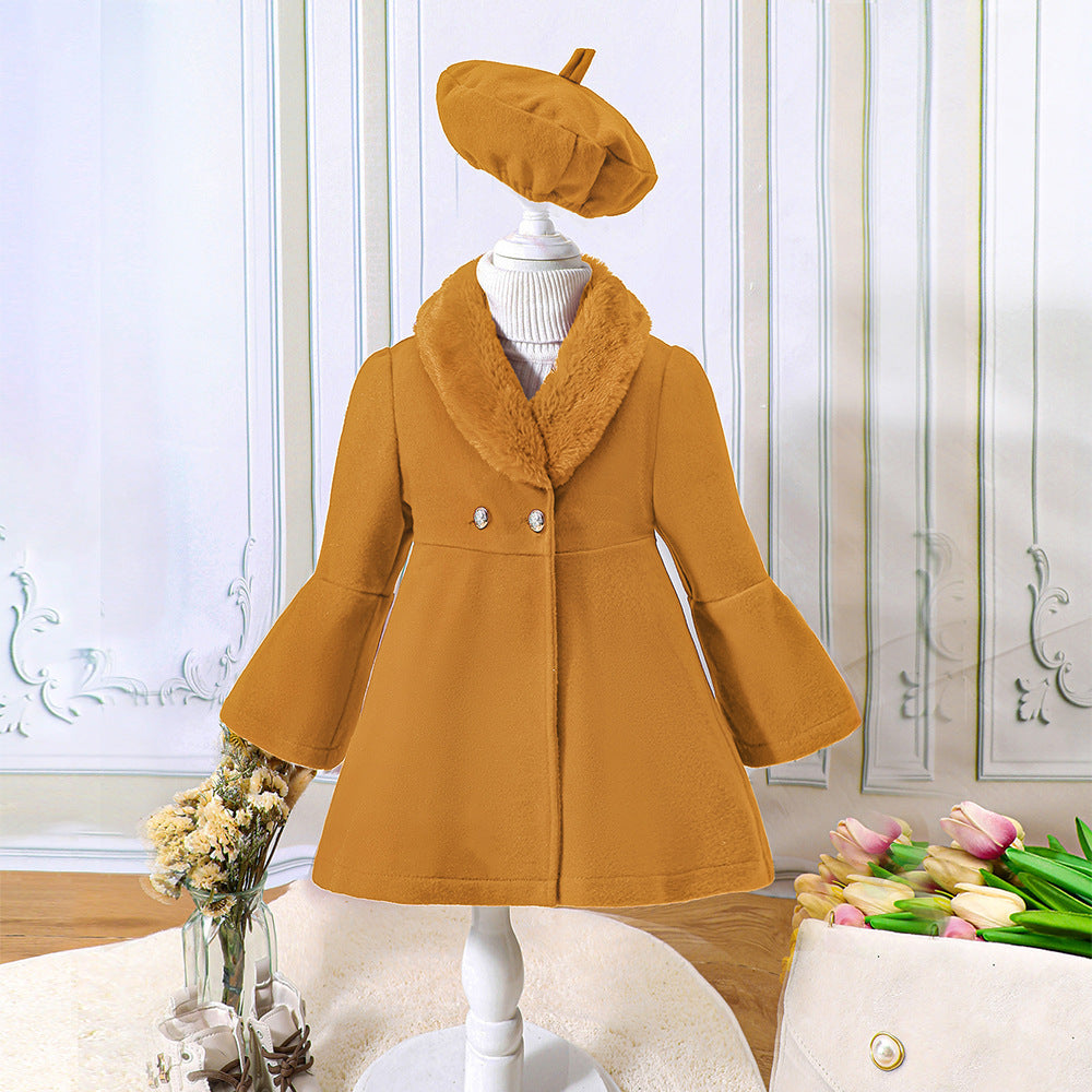 Children's Clothing Young And Little Girls Winter Solid Color Stitching Fur Collar Woolen Coat Outerwear
