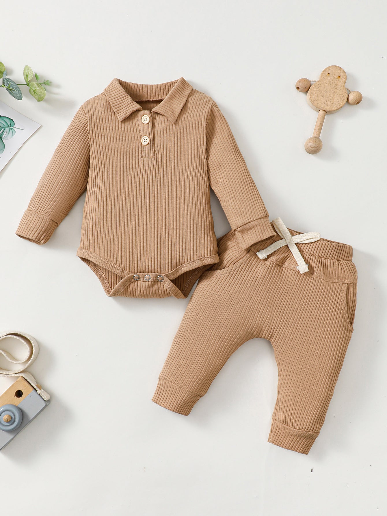 Baby Boy Cotton Hollow Striped Polo Shirt Trousers Suit
