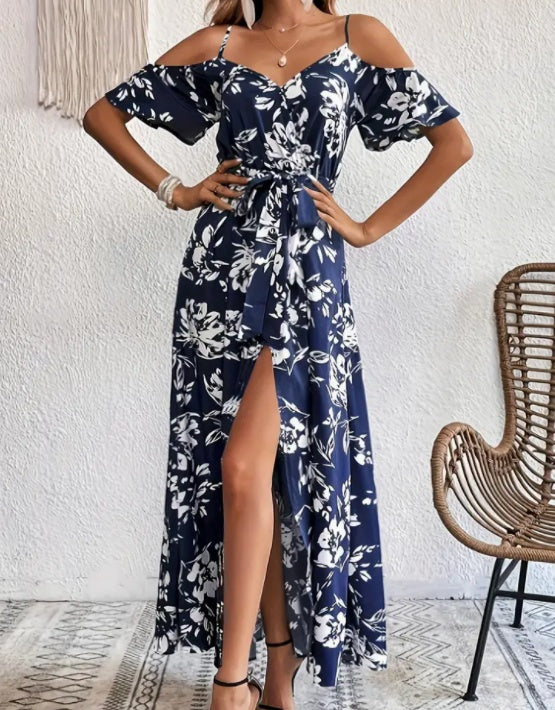 Flower Print Split Suspender Dress With Lace-up Design