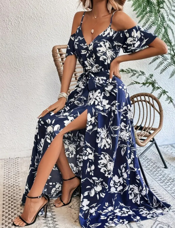 Flower Print Split Suspender Dress With Lace-up Design
