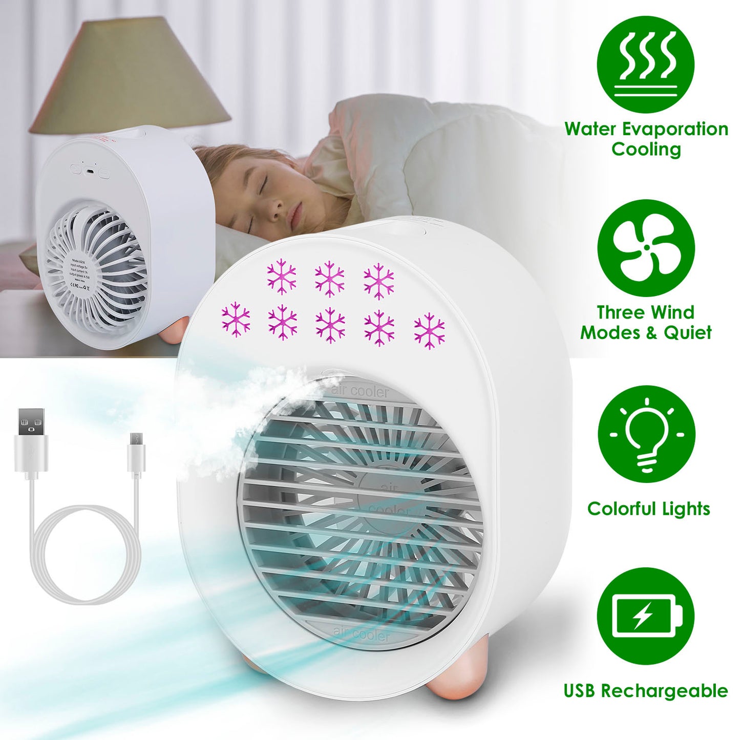 4 In 1 Portable Mini Desktop Air Conditioner Fan Water Mist Cooling Fan USB Rechargeable Humidifier Fan Evaporative Air Cooler 3 Wind Modes Colorful Lights