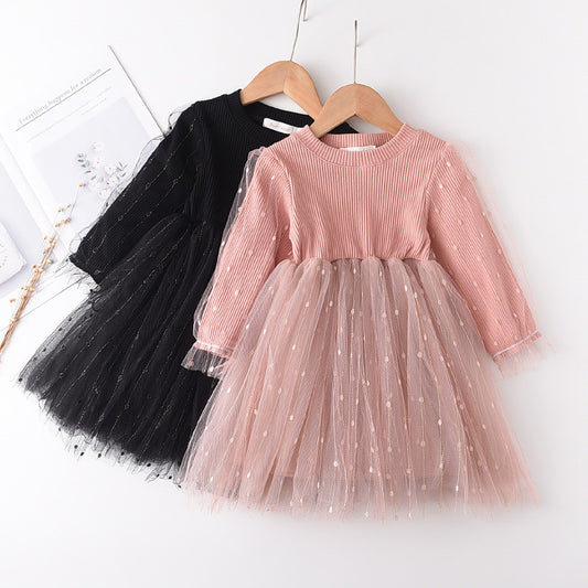 Girls Long Sleeve Dress Girls Net Gauze Skirt Western Style