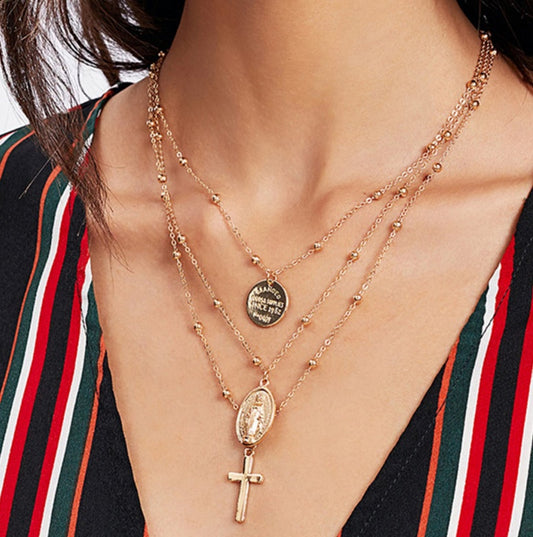 Layer Beads Chain Long Choker Necklace Women Sexy Fashion Gold Silver Color Round Cross Necklaces & Pendants Bijoux