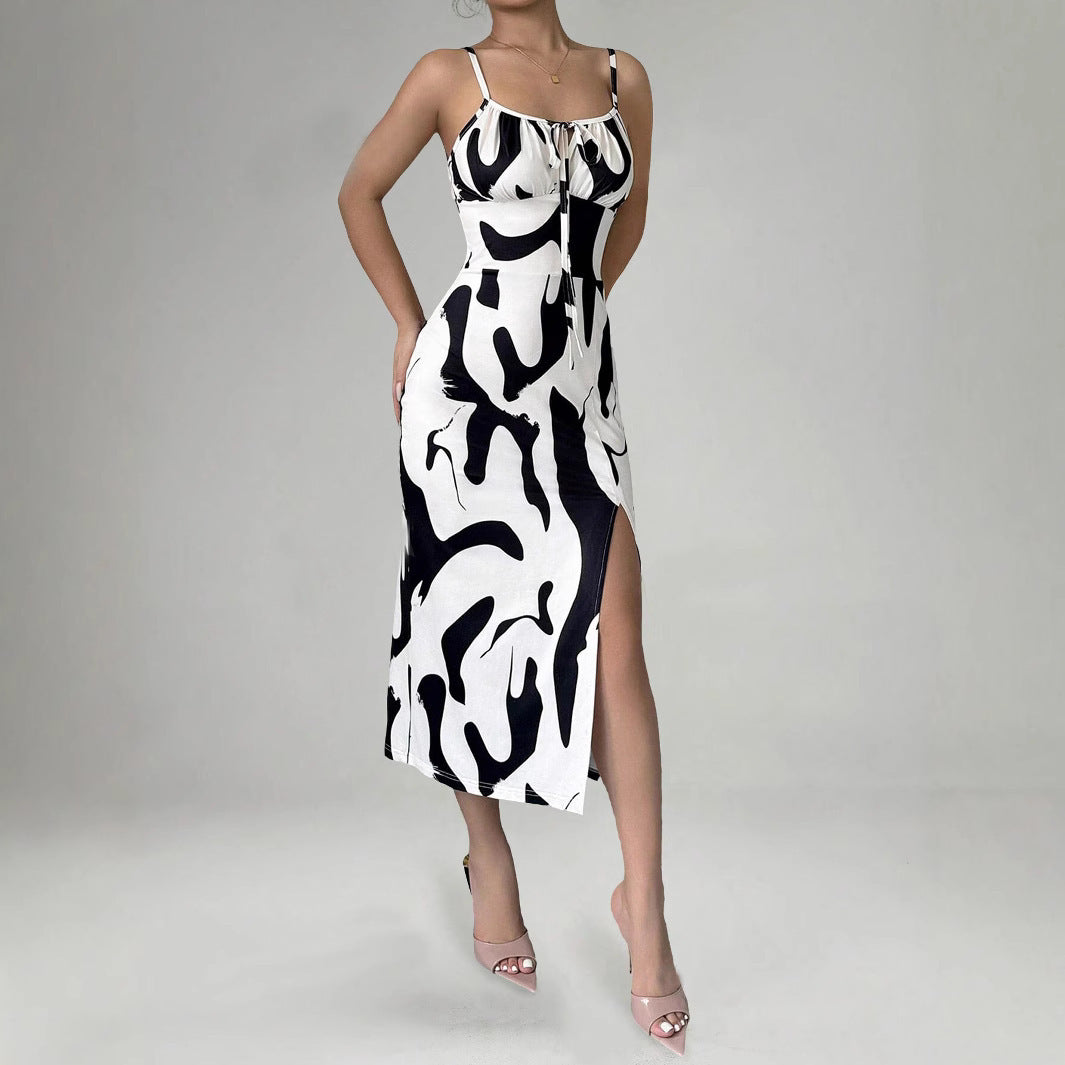 Summer Printed Suspender Split Dress