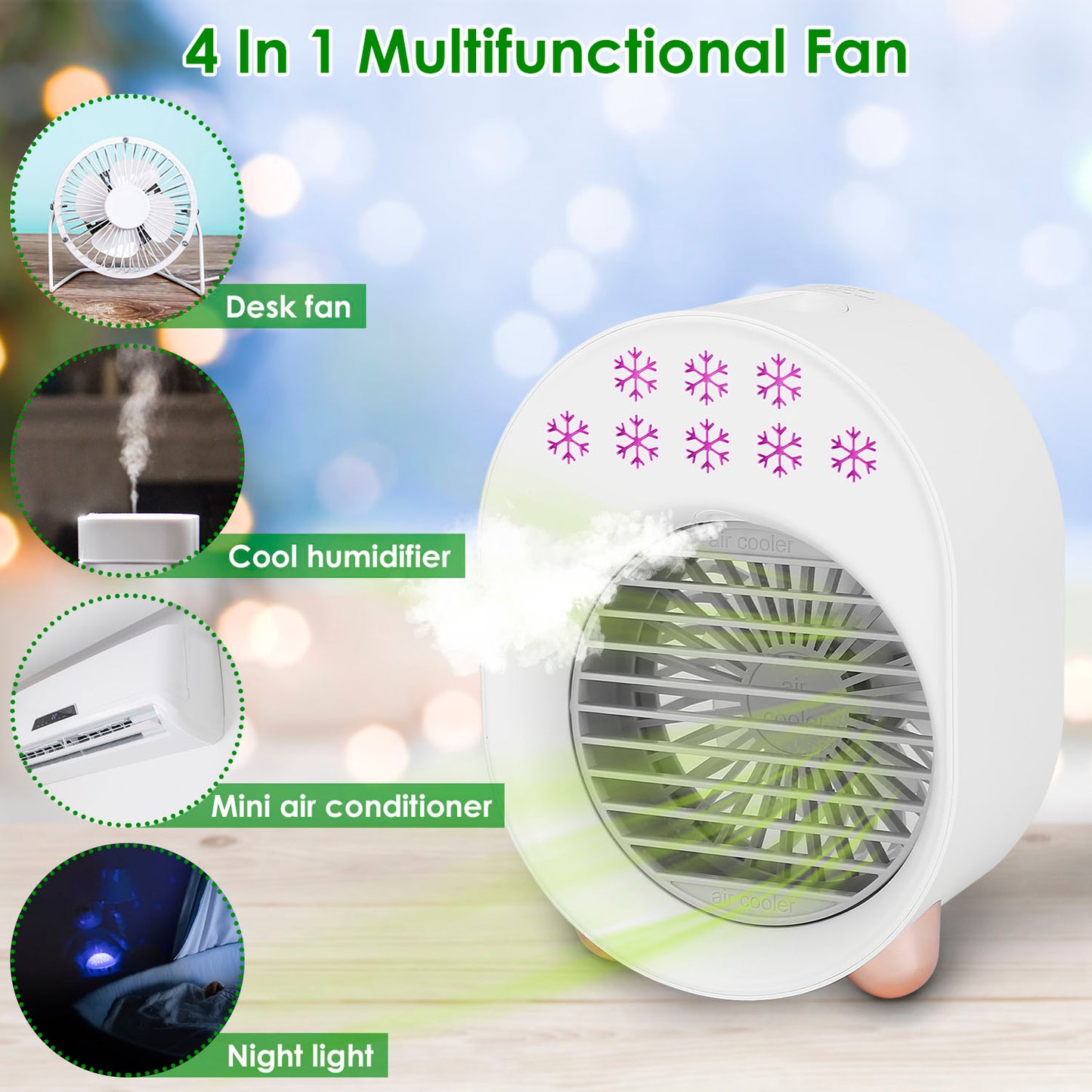 4 In 1 Portable Mini Desktop Air Conditioner Fan Water Mist Cooling Fan USB Rechargeable Humidifier Fan Evaporative Air Cooler 3 Wind Modes Colorful Lights