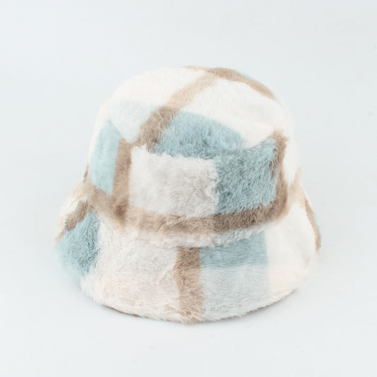 Plush Plaid Flat-top Basin Hat Flannel Warm Hat Women