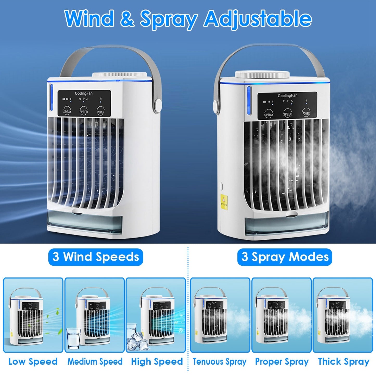 Portable Air Conditioner Fan Evaporative Humidifier 3 Speed Spray Personal Cold Mist Air Cooler Desk Table Fan Water Tank Night Light Adjustable Angel Room Home Office