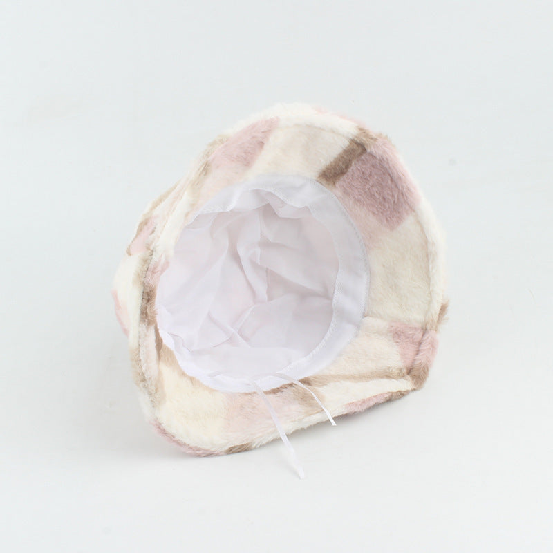 Plush Plaid Flat-top Basin Hat Flannel Warm Hat Women