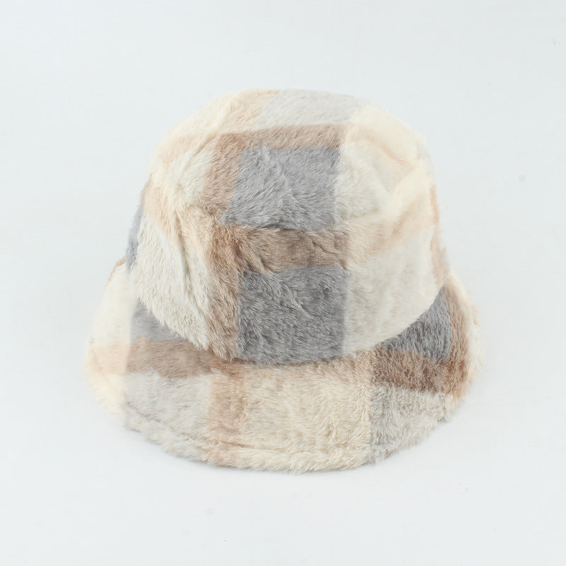 Plush Plaid Flat-top Basin Hat Flannel Warm Hat Women