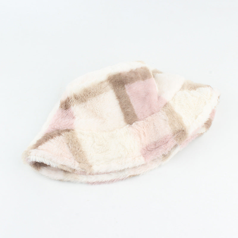 Plush Plaid Flat-top Basin Hat Flannel Warm Hat Women