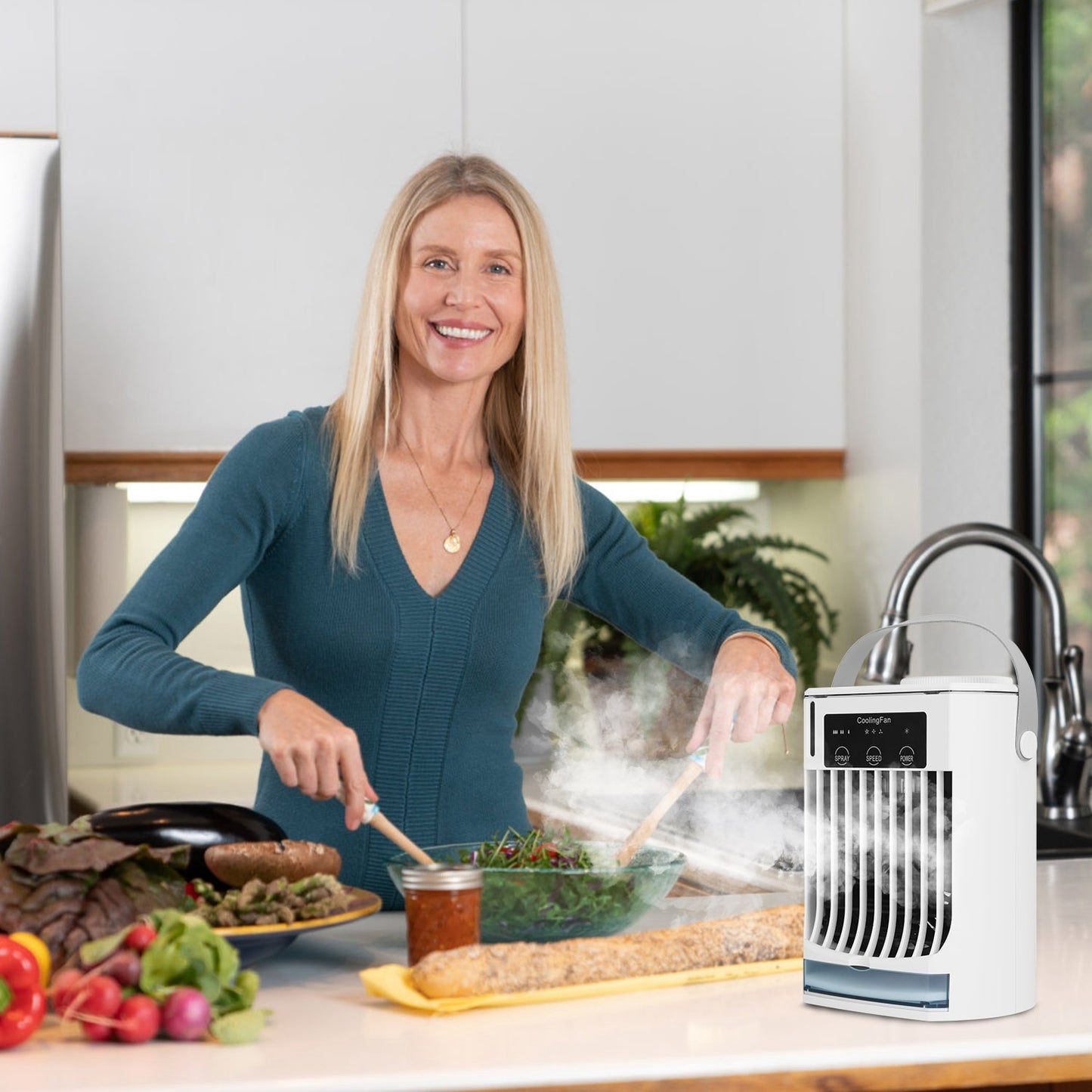 Portable Air Conditioner Fan Evaporative Humidifier 3 Speed Spray Personal Cold Mist Air Cooler Desk Table Fan Water Tank Night Light Adjustable Angel Room Home Office