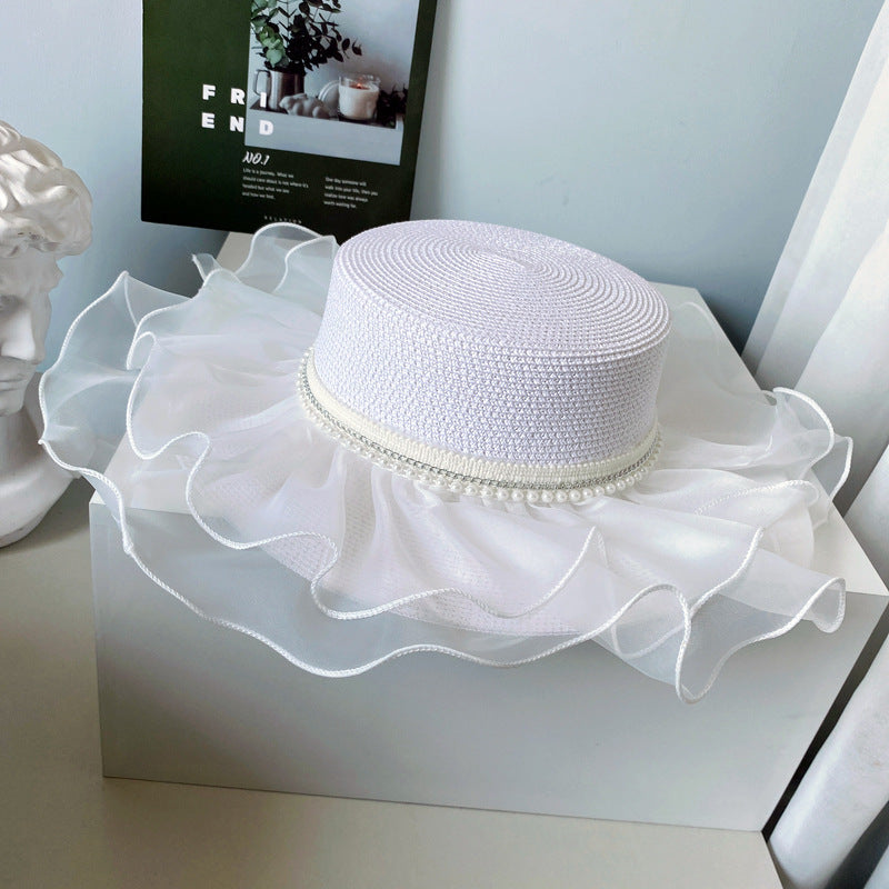 Lolita Style Flat Top Hat Women Summer Sunscreen Straw Hat