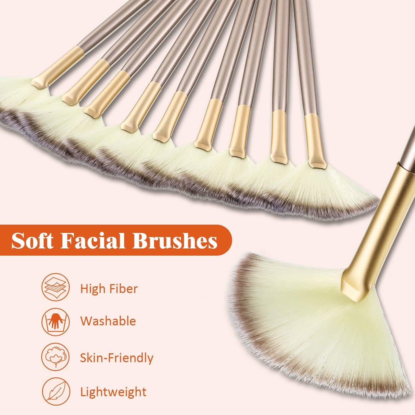 10 Professional Soft Facial Fan Brushes For Mask Mud Cream, Glycolic Peel & Makeup Application - Esthetician Tools With Champagne Finish