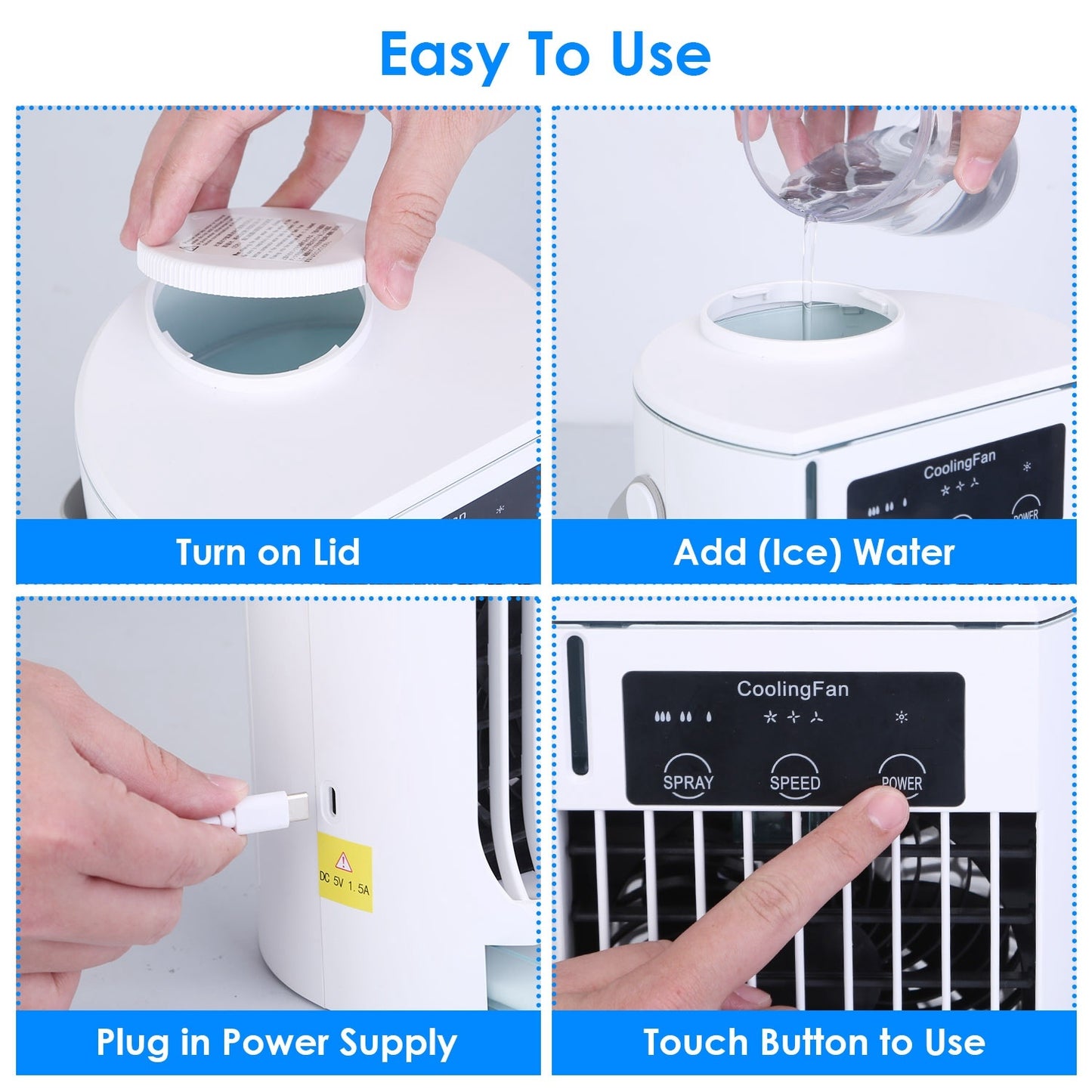 Portable Air Conditioner Fan Evaporative Humidifier 3 Speed Spray Personal Cold Mist Air Cooler Desk Table Fan Water Tank Night Light Adjustable Angel Room Home Office