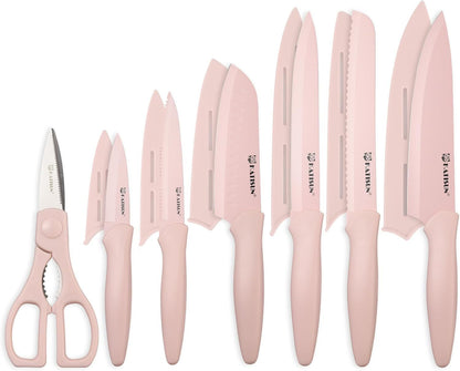 13-piece Pink Non-stick Coated Kitchen Knife Set In A Box Rust-resistant And Dishwasher-safe Includes 6 Knives With Knife Sheath And Kitchen Scissors