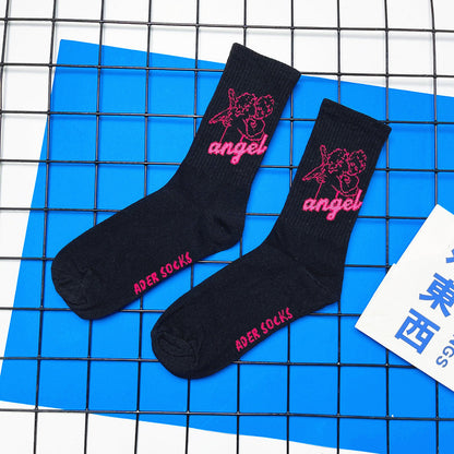 Angel Mid Tube Simplified Letters For Men And Women Sports Casual Trend Socks