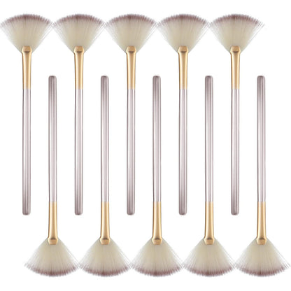 10 Professional Soft Facial Fan Brushes For Mask Mud Cream, Glycolic Peel & Makeup Application - Esthetician Tools With Champagne Finish