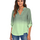 Print Gradient Blouses Women V-Neck Pockets Loose Shirts