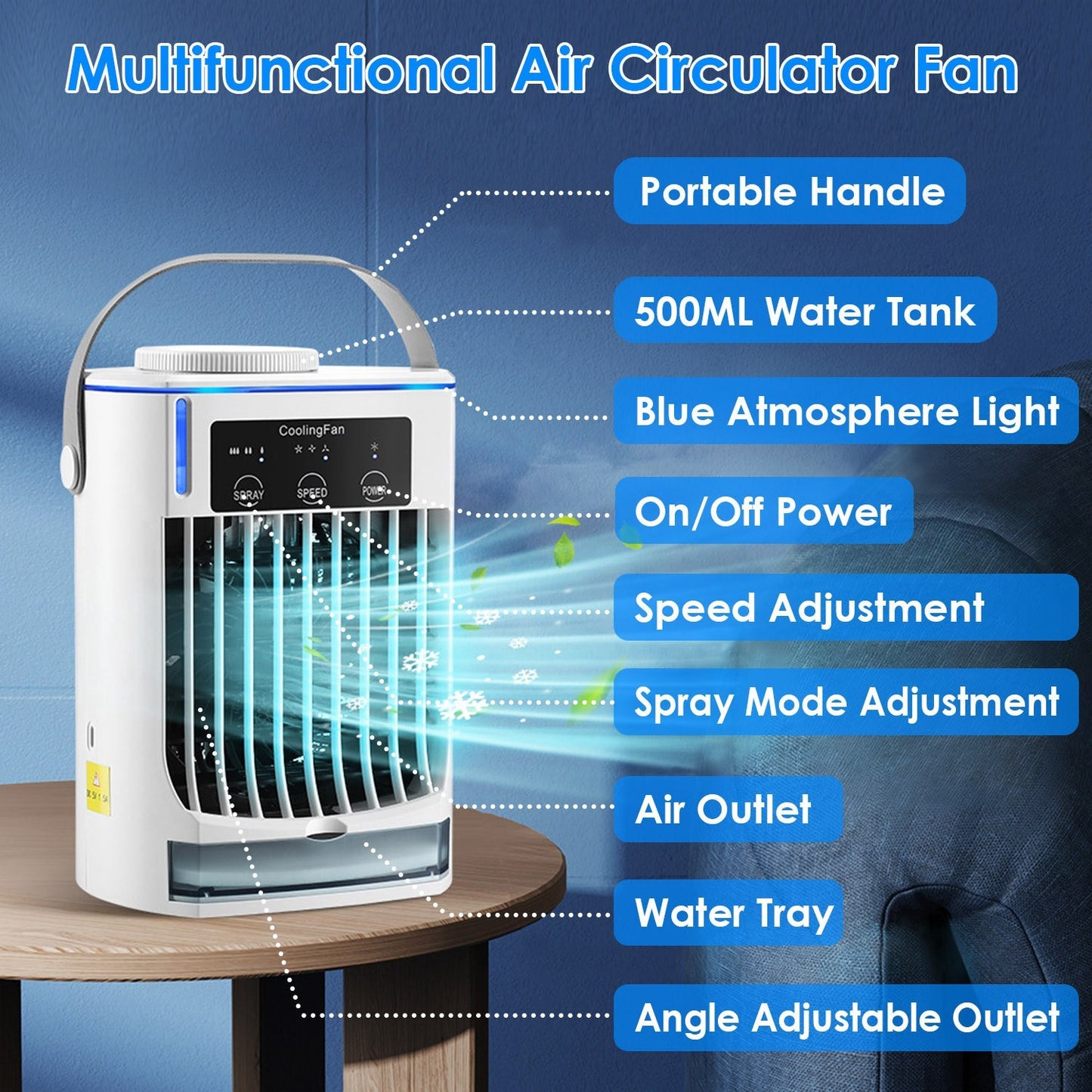 Portable Air Conditioner Fan Evaporative Humidifier 3 Speed Spray Personal Cold Mist Air Cooler Desk Table Fan Water Tank Night Light Adjustable Angel Room Home Office