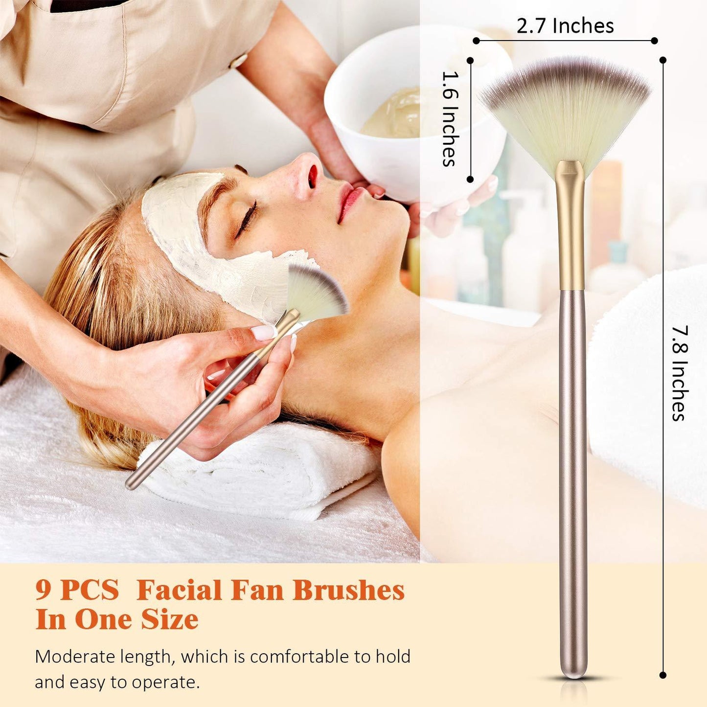 10 Professional Soft Facial Fan Brushes For Mask Mud Cream, Glycolic Peel & Makeup Application - Esthetician Tools With Champagne Finish