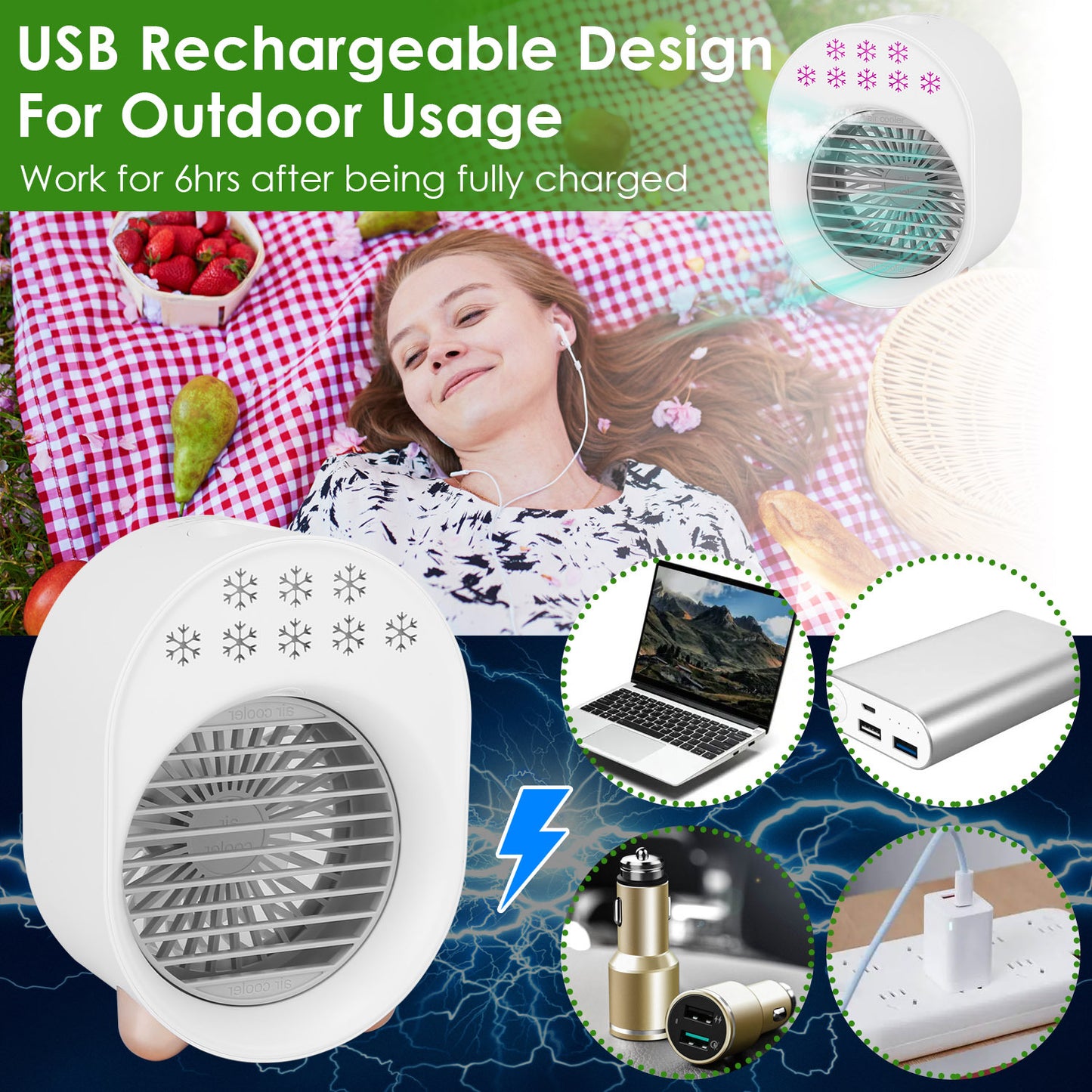 4 In 1 Portable Mini Desktop Air Conditioner Fan Water Mist Cooling Fan USB Rechargeable Humidifier Fan Evaporative Air Cooler 3 Wind Modes Colorful Lights