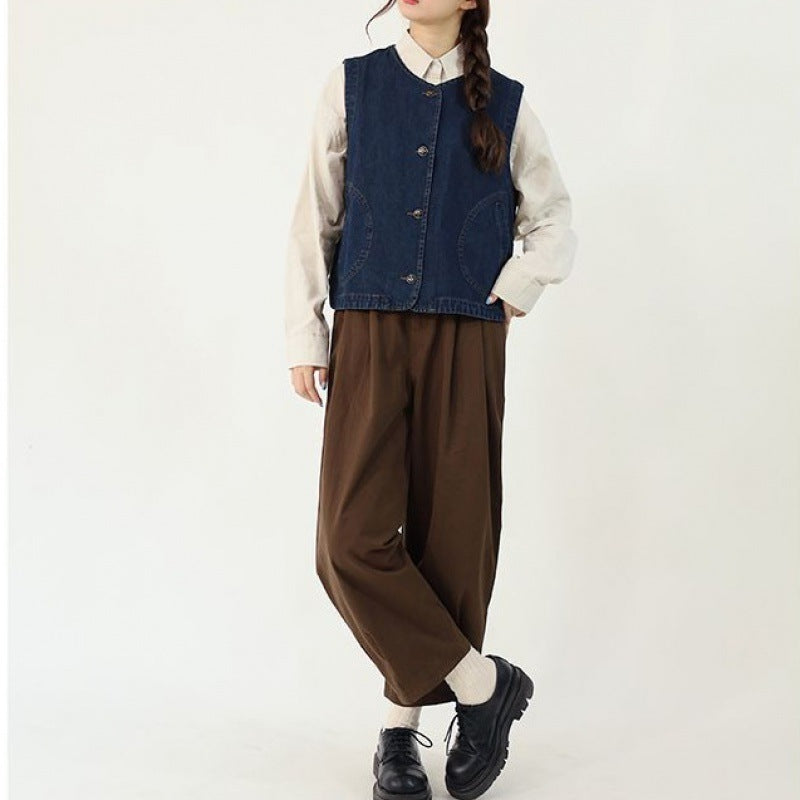 Ins Japanese-style Retro Denim Waistcoat Vest Women