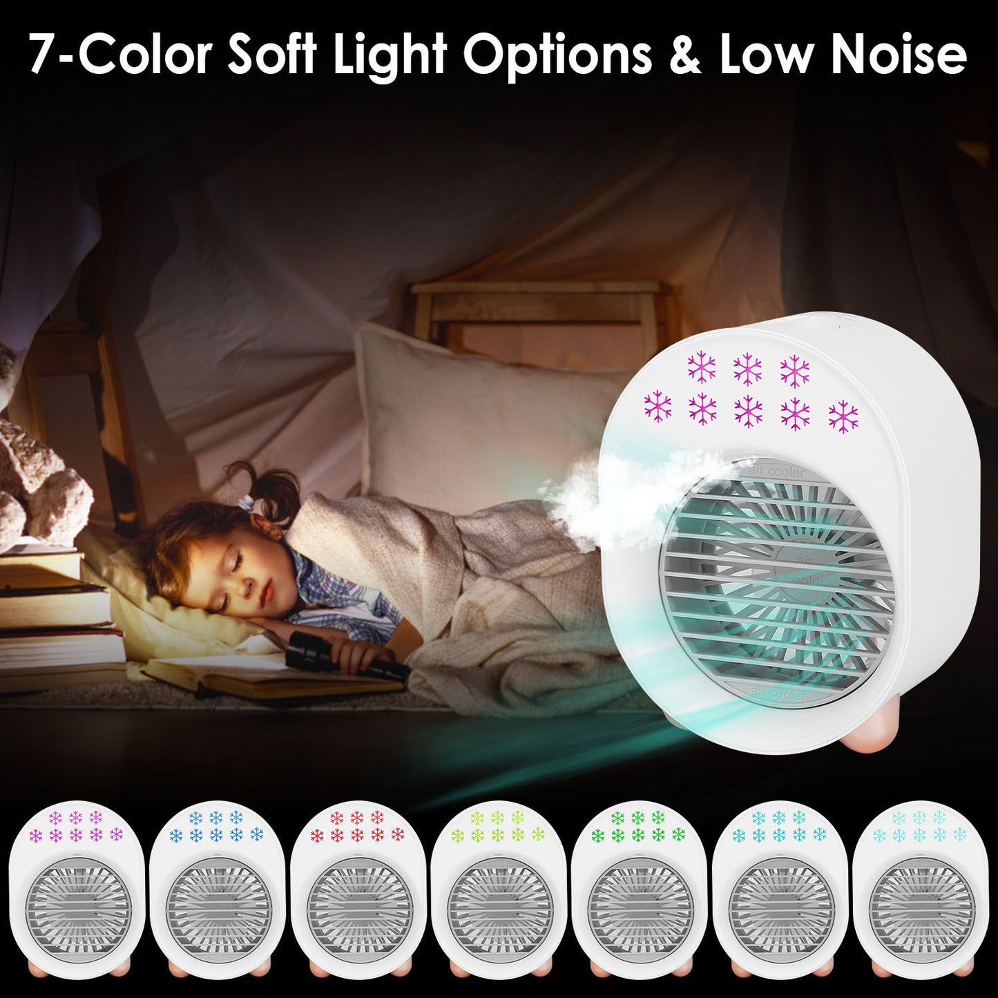 4 In 1 Portable Mini Desktop Air Conditioner Fan Water Mist Cooling Fan USB Rechargeable Humidifier Fan Evaporative Air Cooler 3 Wind Modes Colorful Lights