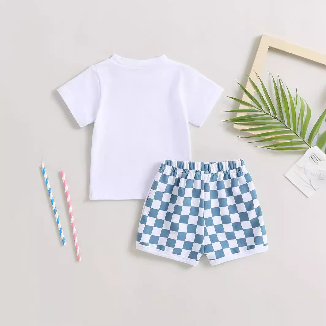 Baby Boy Shorts Short Sleeve Printed Chessboard Plaid Two-piece Set