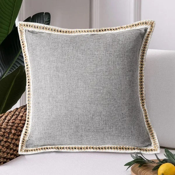 Set Of 2 Throw Pillow Covers Vintage Linen Trimmed Cushion Covers