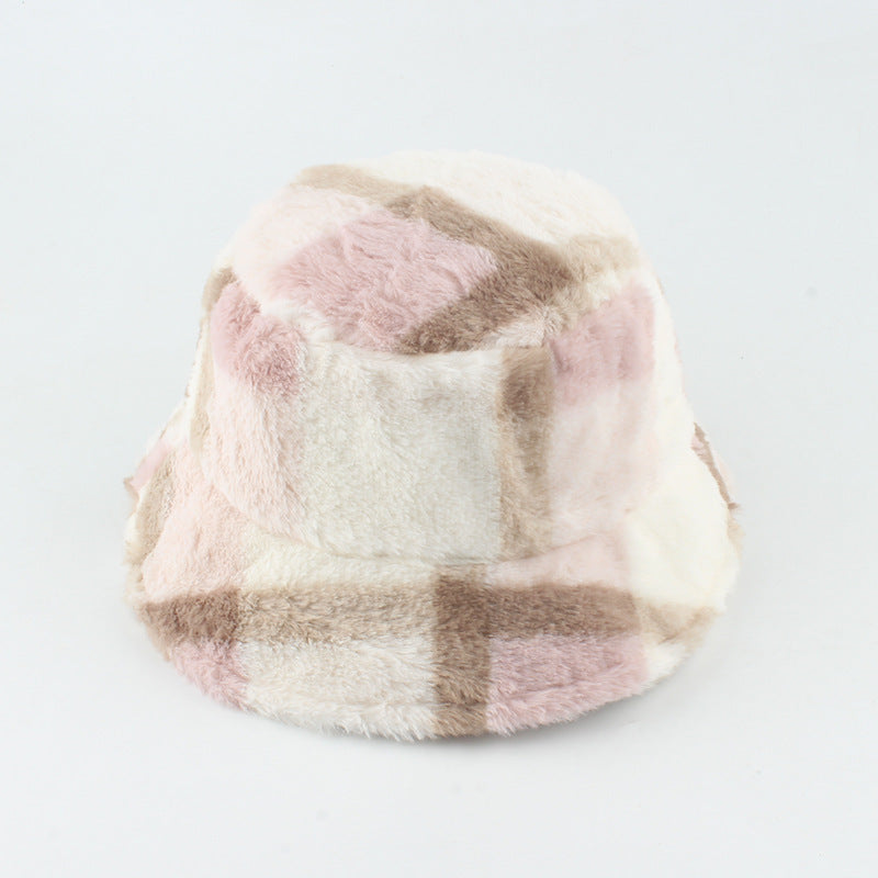 Plush Plaid Flat-top Basin Hat Flannel Warm Hat Women