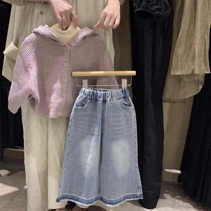 Hooded Sweater Outerwear Baby Girl Jeans Two-piece Set