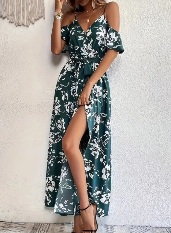 Flower Print Split Suspender Dress With Lace-up Design