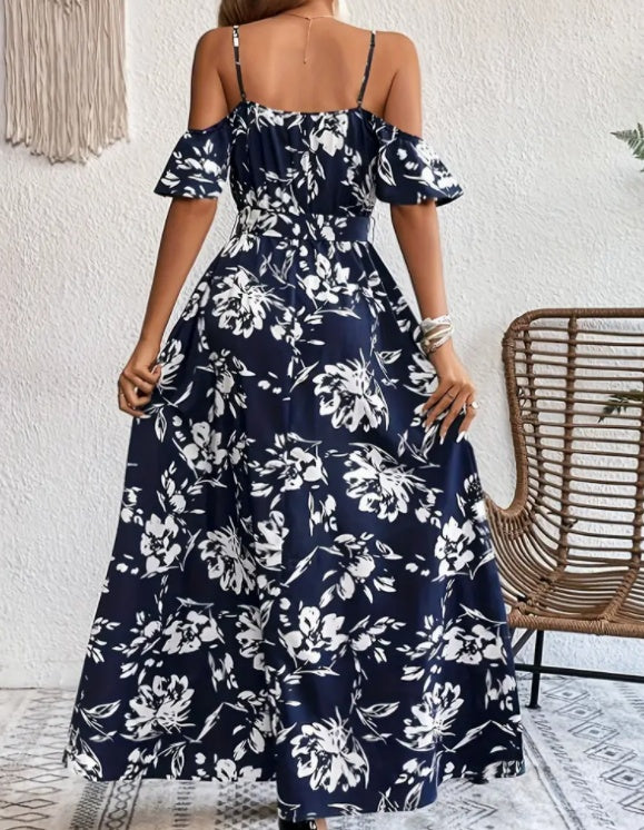 Flower Print Split Suspender Dress With Lace-up Design