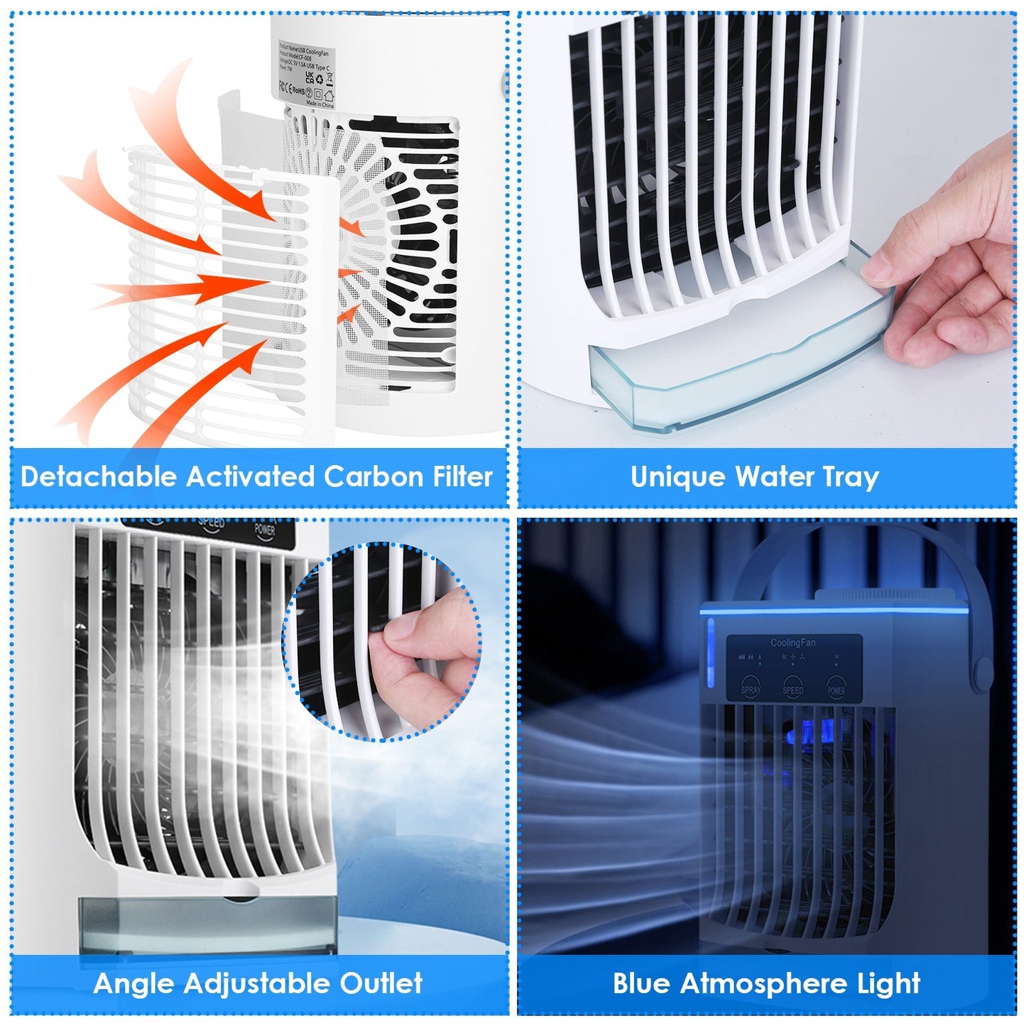 Portable Air Conditioner Fan Evaporative Humidifier 3 Speed Spray Personal Cold Mist Air Cooler Desk Table Fan Water Tank Night Light Adjustable Angel Room Home Office