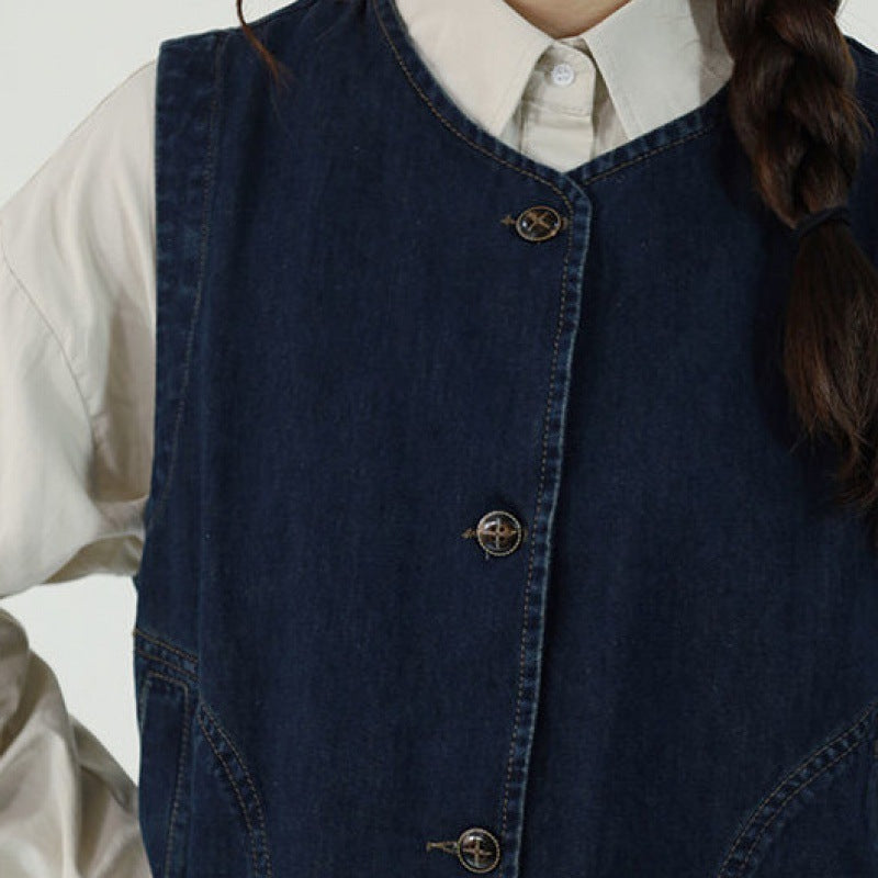 Ins Japanese-style Retro Denim Waistcoat Vest Women