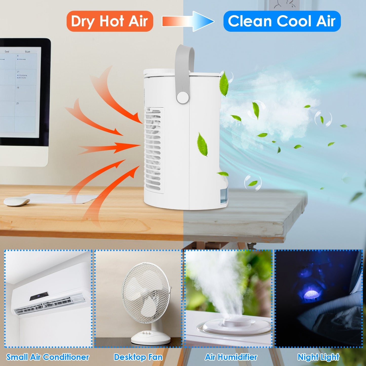 Portable Air Conditioner Fan Evaporative Humidifier 3 Speed Spray Personal Cold Mist Air Cooler Desk Table Fan Water Tank Night Light Adjustable Angel Room Home Office